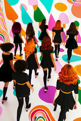 Wall Mural - Scene is lively and energetic, as the women are dressed in bold colors