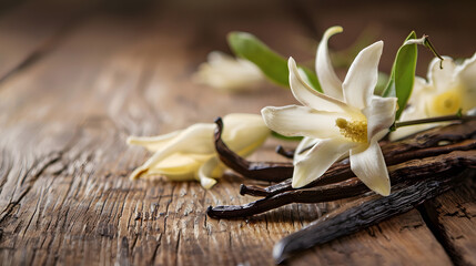 Poster - Vanilla flowers and pods close up Vanilla beans over wooden background macro shot Aromatic condiments closeup flavour : Generative AI