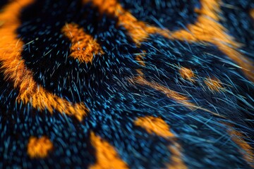 close-up of an organism's electric blue design on a tiger's black and orange fur