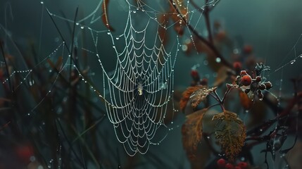 Wall Mural - Beautiful little delicate water drops on a spider web in close-up on a foggy day