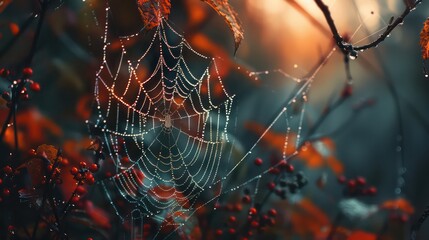 Wall Mural - Beautiful little delicate water drops on a spider web in close-up on a foggy day
