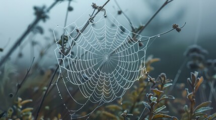 Wall Mural - Beautiful little delicate water drops on a spider web in close-up on a foggy day