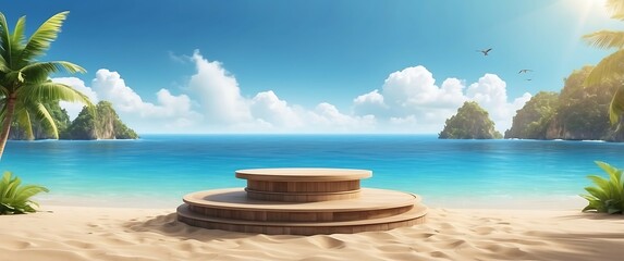 3d render of podium on tropical beach with coconut palm tree.