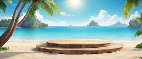 Wall Mural - 3d render of podium on tropical beach with coconut palm tree.