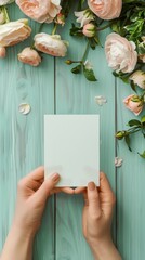 Womens hand holding blank paper card on light blue wooden background. Rustic table with flowers, wedding invitation card, letter, greeting card for Womens day. Trendy minimal design, Flat composition 