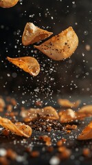 Canvas Print - Tapioca chip slices spin and flip dramatically, showered in sparkling salt crystals and bold black pepper flecks, all set against a sleek, dark slate background.