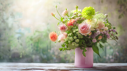 Wall Mural - Beautiful cottage style flower arrangement in a pink vase on a wooden table Flower bunch includes Roses Snapdragons Ranunculus Daisys Chrysco Lily of the Incas Thryp and lush green fol : Generative AI
