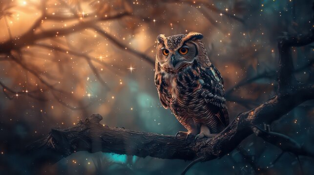 Moon light, owl in fantasy enchanted fairy tale spruce forest