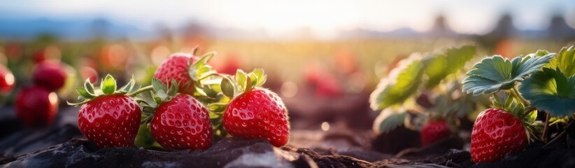 An advertising banner. Greenhouse with ripe strawberries.