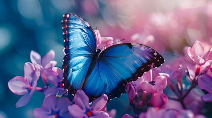 Poster - Beautiful blue butterfly Morpho on pinkviolet flowers in spring in nature closeup macro : Generative AI