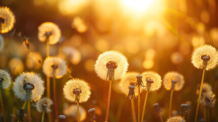 Aufkleber - Fluffy dandelions glow in the rays of sunlight at sunset in nature on a meadow Beautiful dandelion flowers in spring in a field closeup in the golden rays of the sun : Generative AI