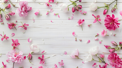 Poster - Spring flowers Pink flowers on white wooden background Flat lay top view copy space : Generative AI