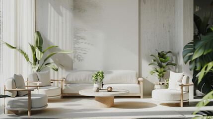 Wall Mural - A serene lounge with textured white wallpaper, modern minimalist furniture, and elegant botanical mockup posters.