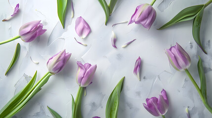 Wall Mural - Various buds and petals of purple tulip on light gray background Creative floral composition with tulips Spring blossom concept nature layout greeting card for 8 March mothers Day Vale : Generative AI