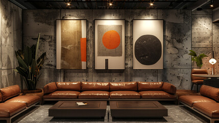 Wall Mural - A sophisticated lounge with textured concrete wallpaper, sleek leather seating, and contemporary art mockup posters.