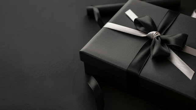 A stylish black gift box with a silver ribbon on a graduation-themed background, complete with a mortarboard and diploma, space for text.