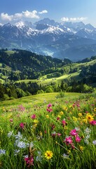 Wall Mural - Sunny day in the alps  idyllic mountain landscape with blooming meadows in spring