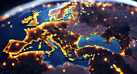 Poster - Abstract digital map of Western Europe, concept of advanced European global networks and connectivity
