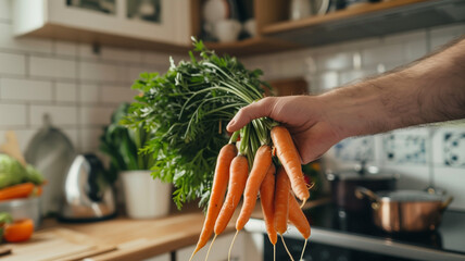 Wall Mural - Hand holding a bunch of carrots in a contemporary kitchen.