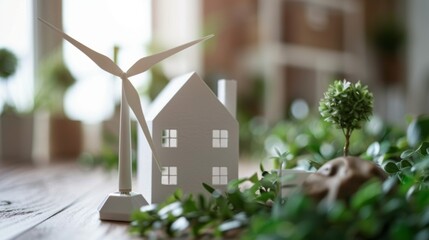 Poster - A wind turbine is next to a house and a tree
