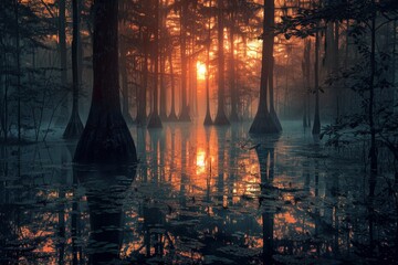 Canvas Print - Cypress Trees Silhouetted Against a Fiery Sunset