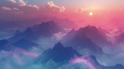 Wall Mural - breathtaking image of a sunrise over mountains landscape of mountains with fog rolling