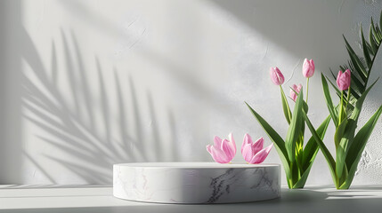 Aufkleber - 3D Natural stone podium and pink tulips flowers leaves soft Product presentation luxury mockup 3d render advertisement copy space mockup mother woman day event jewellery : Generative AI