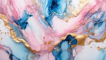 Poster - Abstract artwork featuring fluid, swirling patterns in shades of pink, blue, and white, interspersed with golden accents. The design resembles marbled watercolors with delicate gold lines and specks, 