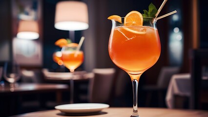 An alcoholic orange cocktails is in beautiful glass in the restaurant