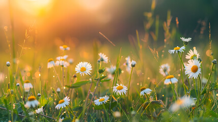 Canvas Print - Beautiful summer natural background with yellow white flowers daisies clovers and dandelions in grass against of dawn morning Ultrawide panoramic landscape  banner format : Generative AI