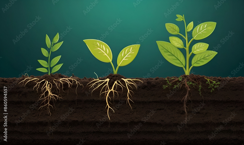 a small plant sprouts from the soil, its roots going deeper and deeper ...