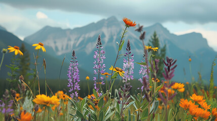 Tall colorful wild flowers in front of mountain range outlook in Banff National Park Canada : Generative AI