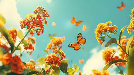 Poster - Bright colorful summer spring flower border Natural landscape with many orange lantana flowers and fluttering butterflies Lycaena phlaeas against blue sky on sunny day : Generative AI
