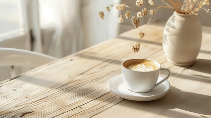 Tasty coffee in cup on wooden table
