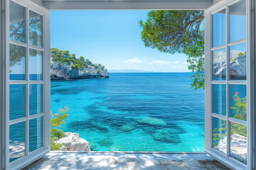 Amazing view from the open window of room overlooking blue sea with clean crystal water in sunny day, mediterranean scenic landscape.