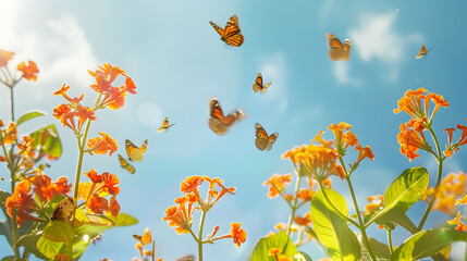 Poster - Bright colorful summer spring flower border Natural landscape with many orange lantana flowers and fluttering butterflies Lycaena phlaeas against blue sky on sunny day : Generative AI