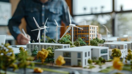 Poster - A man is drawing a model of a city with windmills