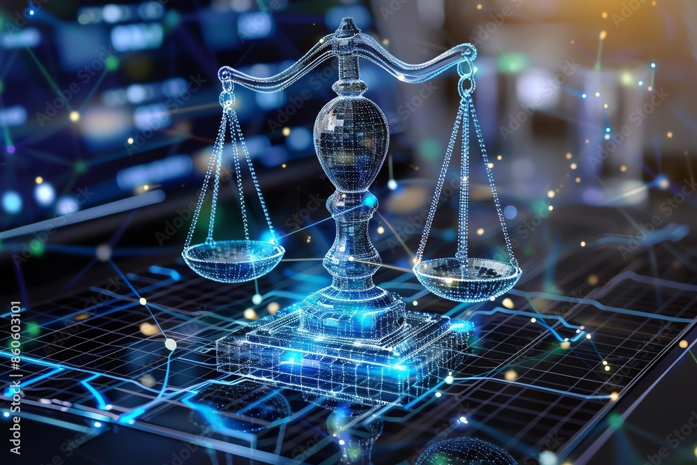 Futuristic digital scale of justice representing the intersection of ...