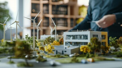 Poster - A man is holding a piece of paper in front of a model of a city with windmills