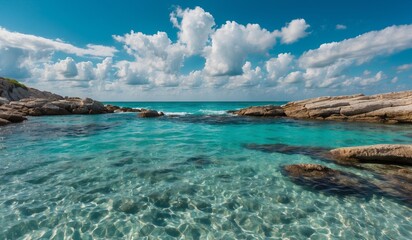 Wall Mural - Beautiful turquoise water and rocks under blue sky with clouds