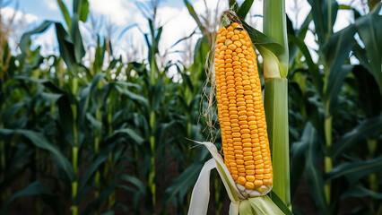 Wall Mural - Advertising banner design with free space for text, corn on a stalk in a field