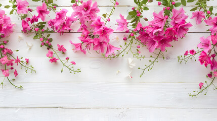 Poster - Spring flowers Pink flowers on white wooden background Flat lay top view copy space : Generative AI
