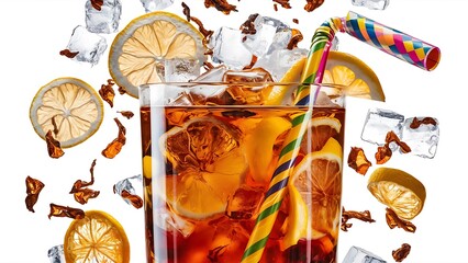 Wall Mural - Cold ice tea with dried citrus fruits and cocktail straw tube in the glass