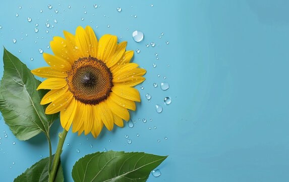 A sunflower is in front of a blue background with water drops