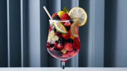 Wall Mural - Refreshing summer drink with berries lemon and lime in a glass on a gray background