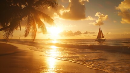 Wall Mural - Sunset on a Tropical Beach with Sailing Boat, Generative AI