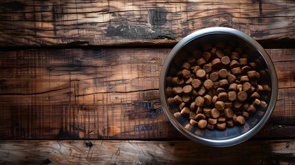 A stainless steel bowl placed on a wooden surface. The bowl is filled with what appears to be dog food, consisting of small, rounded chunks.