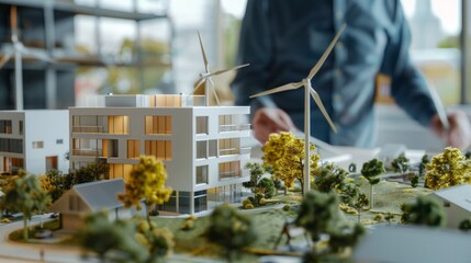 Poster - A man is standing in front of a model of a building with two wind turbines