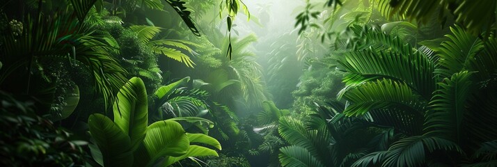 A lush, vibrant tropical rainforest scene with a thick canopy of foliage and sunbeams breaking through the leaves. Generative AI