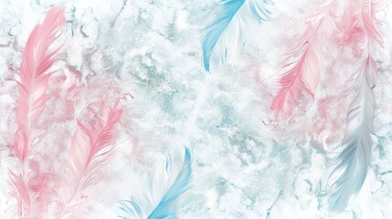 Wall Mural - White marble background with feathers pink and blue. Gentle, airy abstract design